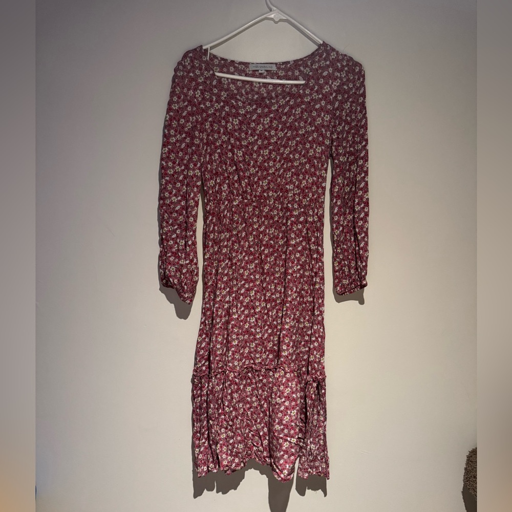 Women's Pink Floral Long-Sleeve Midi Dress